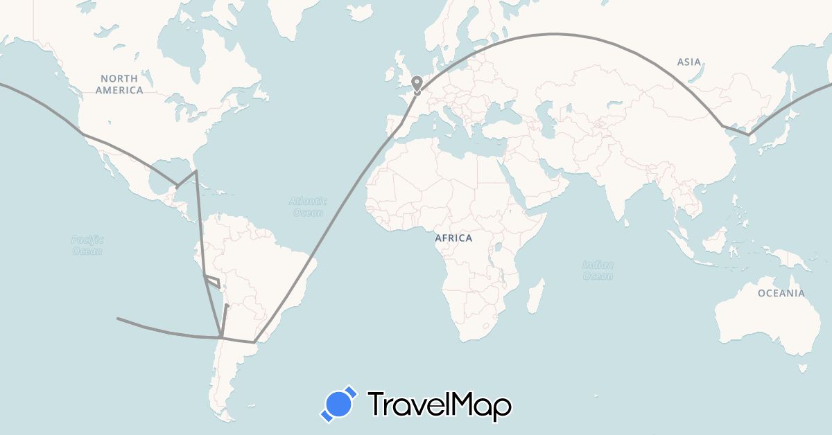 TravelMap itinerary: plane in Argentina, Chile, China, Spain, France, South Korea, Mexico, Peru, United States (Asia, Europe, North America, South America)