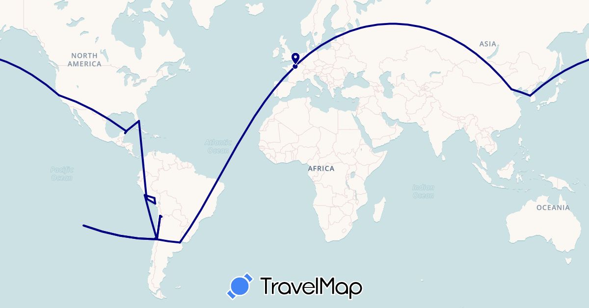 TravelMap itinerary: driving in Argentina, Chile, China, France, South Korea, Mexico, Peru, United States (Asia, Europe, North America, South America)